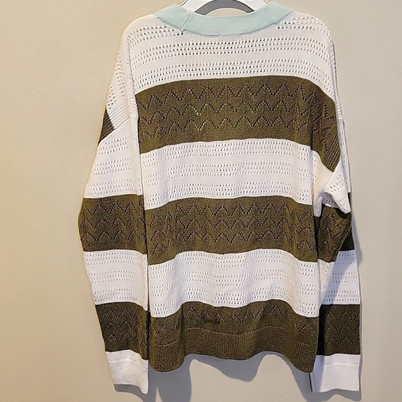 ❤️ NWOT! TALBOTS TIPPED POINTELLE COTTON LINEN V NECK STRIPE CARDIGAN, MEDIUM - Picture 6 of 7